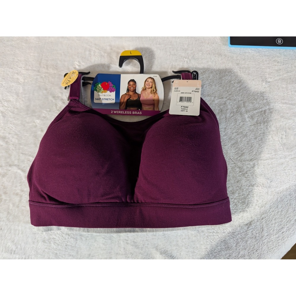 Fruit of the Loom Wireless Bras Womens Large Purple New 2-Pack 360 Stretch FT942